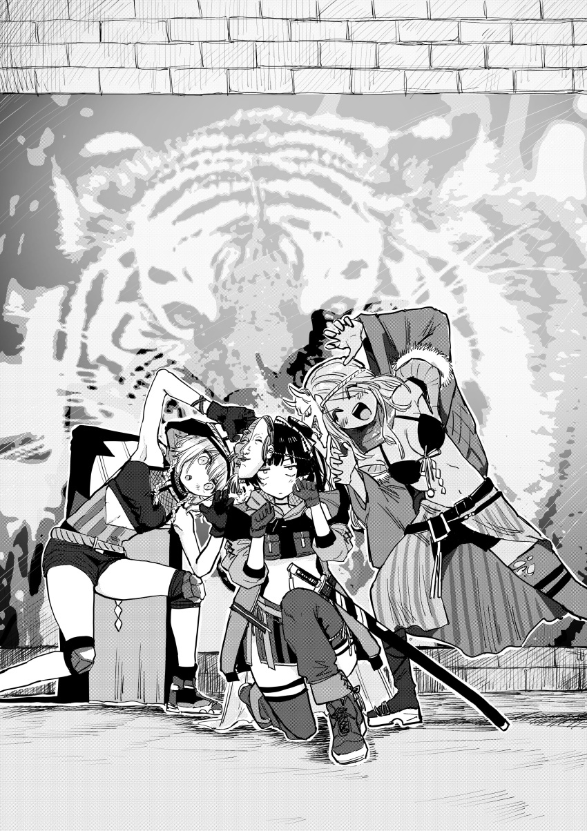 3girls :o ^_^ absurdres animal_print blush brick_wall closed_eyes greyscale highres idolmaster idolmaster_shiny_colors izumi_mei jitome looking_at_viewer mask mask_on_head mayuzumi_fuyuko monochrome multiple_girls outdoors paw_pose serizawa_asahi smile straylight_(idolmaster) tiger_print tihvrivfka86p2y