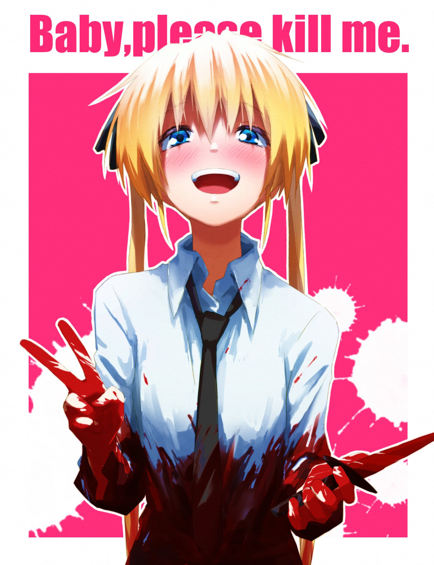 1girl absurdres black_ribbon blonde_hair blood blood_on_clothes blood_on_hands blue_eyes blush collared_shirt english_text hair_between_eyes hair_ribbon highres holding holding_knife kill_me_baby knife long_hair looking_at_viewer necktie open_mouth ribbon shirt simple_background solo sonya_(kill_me_baby) teeth twintails upper_body upper_teeth_only v white_shirt yachima_tana