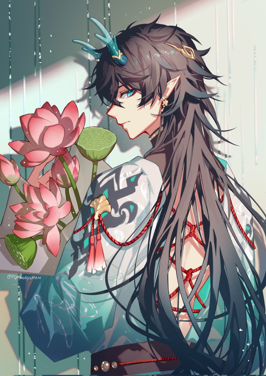 1boy adapted_costume aqua_eyes aqua_horns aqua_shirt black_hair blue_shirt bouquet closed_mouth dan_heng_(honkai:_star_rail) dan_heng_(imbibitor_lunae)_(honkai:_star_rail) earrings flower flower_request flyawaychan hair_ornament highres holding holding_bouquet honkai:_star_rail honkai_(series) horn_ornament horns jewelry long_hair long_sleeves looking_at_viewer male_focus mullet parted_hair pink_flower pointy_ears profile red_eyeliner red_rope rope shirt solo transparent_horns twitter_username upper_body very_long_hair w