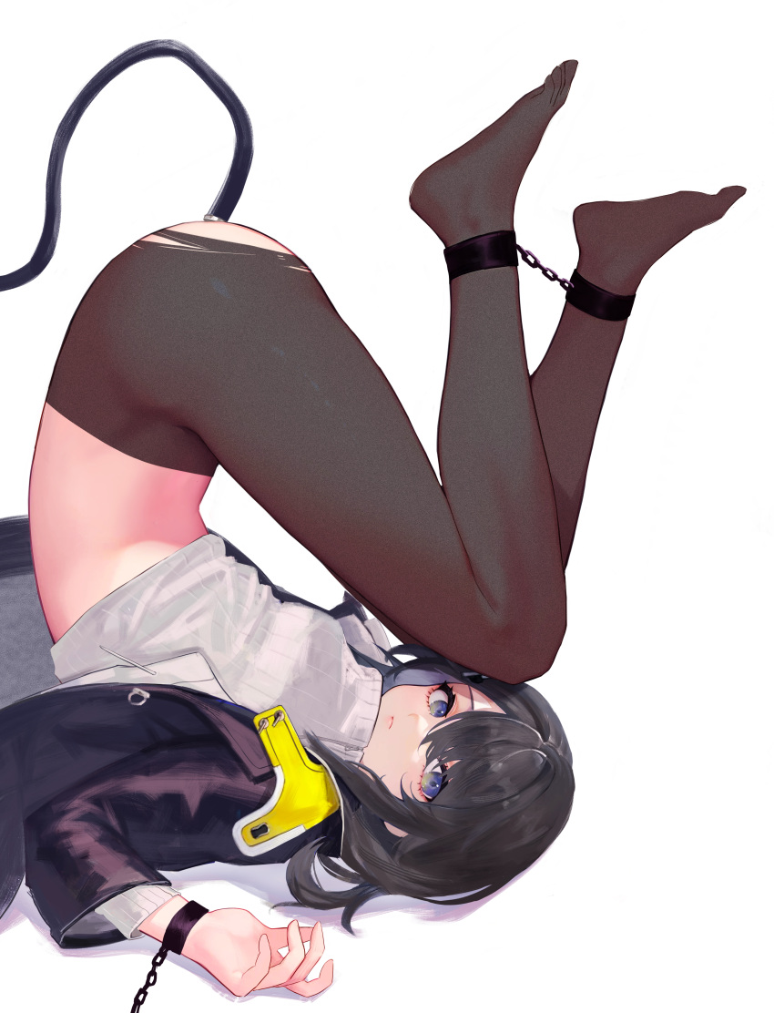 1girl absurdres anal anal_object_insertion anal_tail arknights arknights:_endfield black_hair black_jacket black_pantyhose blue_eyes bound bound_ankles bound_wrists butt_plug c1718259 cuffs fake_tail female_endministrator_(arknights) highres jacket layered_sleeves long_sleeves looking_at_viewer object_insertion open_clothes open_jacket pantyhose sex_toy shackles shirt short_hair simple_background solo tail thighs torn_clothes torn_pantyhose upside-down white_background white_shirt