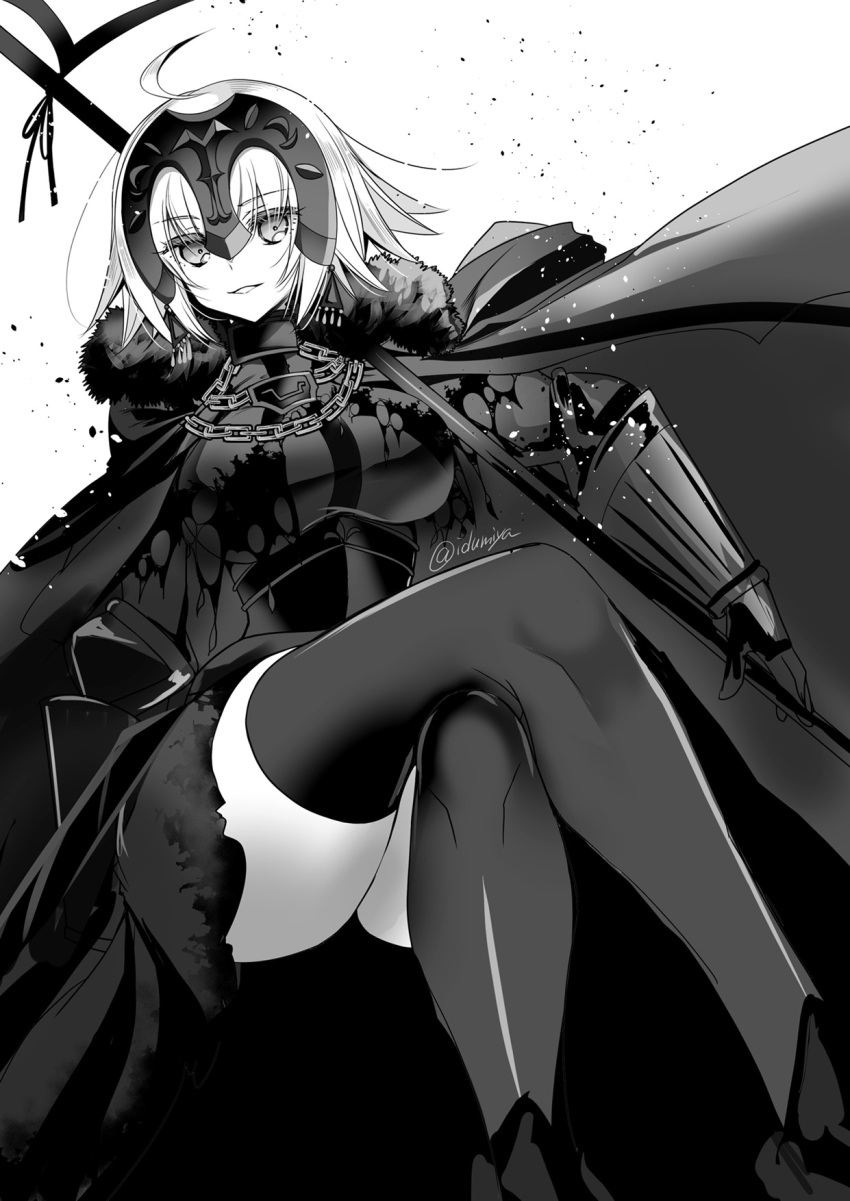 1girl ahoge armor armored_dress breasts cape chain commentary_request crossed_legs dress fate/grand_order fate_(series) flag fur-trimmed_cape fur_trim gauntlets greyscale grin hair_between_eyes headpiece highres holding holding_polearm holding_weapon izumiya_otoha jeanne_d'arc_alter_(avenger)_(fate) jeanne_d'arc_alter_(fate) large_breasts looking_at_viewer monochrome plackart polearm short_hair smile solo thighhighs thighs twitter_username weapon
