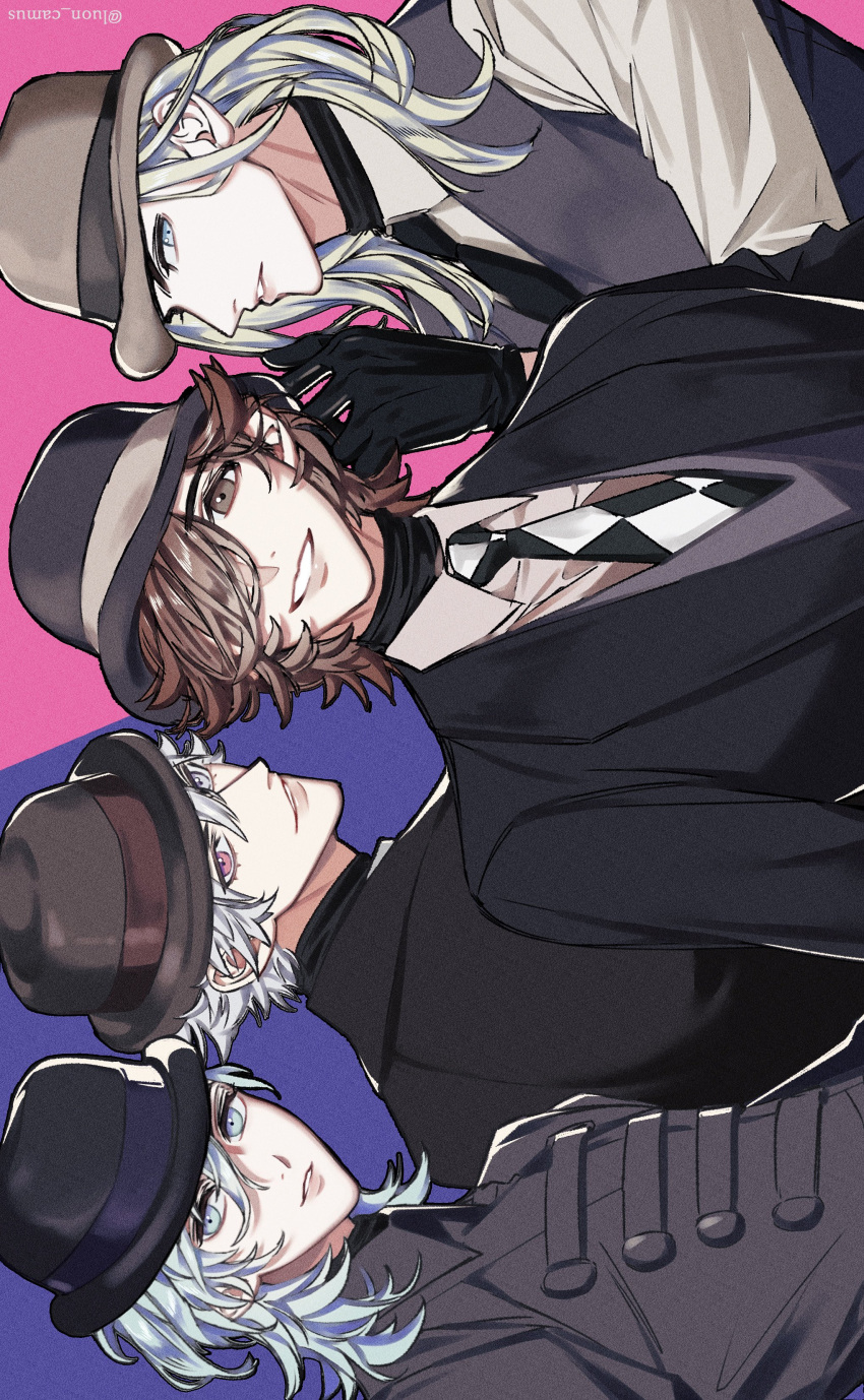 4boys absurdres aijima_cecil alternate_costume argyle argyle_necktie black_gloves black_headwear black_jacket black_necktie black_shirt black_suit blonde_hair blue_eyes blue_hair brown_eyes brown_hair brown_headwear camus_(uta_no_prince-sama) collared_jacket collared_shirt fedora formal gloves grey_eyes grey_hair grey_jacket grey_shirt grey_vest hair_between_eyes hair_over_one_eye hand_up hat heterochromia highres jacket kotobuki_reiji kurosaki_ranmaru light_blue_hair looking_at_viewer looking_back luonnem male_focus medium_hair multiple_boys necktie pink_background profile purple_background quartet_night red_eyes shirt shirt_under_shirt short_hair sideways simple_background smile suit suit_jacket turtleneck twitter_username two-tone_background upper_body uta_no_prince-sama vest white_necktie white_shirt