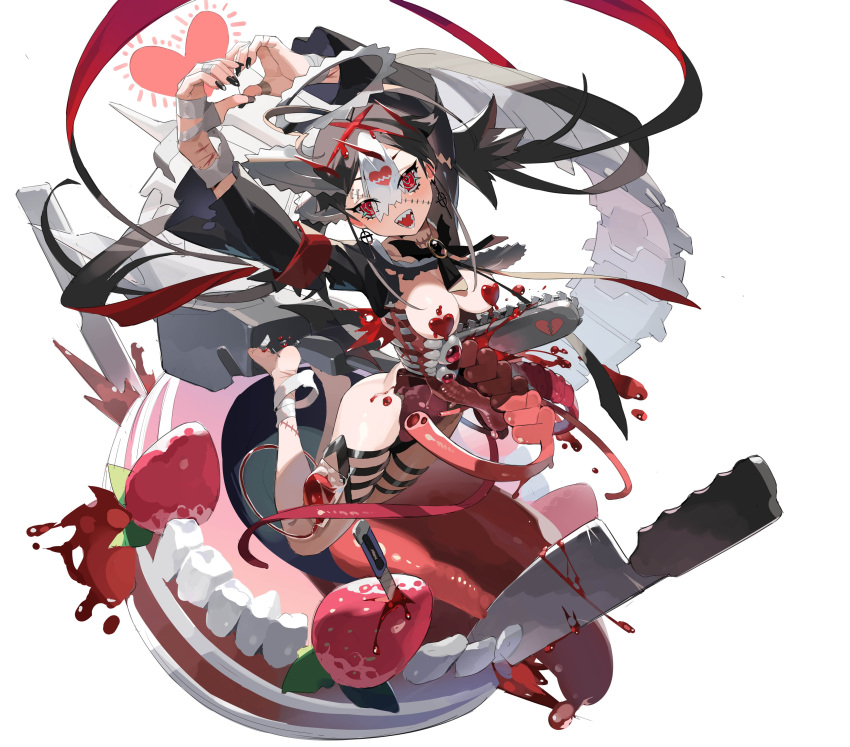 1girl absurdres ahoge bandages barefoot black_hair black_nails blood breasts brooch cake chainsaw cross cross_earrings cuts double-parted_bangs earrings fake_halo food fruit full_body halo heart heart_hands highres injury jewelry knife medium_breasts multicolored_hair multiple_rings nori_tamahana organs original red_eyes red_ribbon ribbon ribs ring scar scar_on_face scar_on_leg scar_on_neck sharp_teeth strawberry teeth thigh_strap torn_clothes twintails white_background white_hair