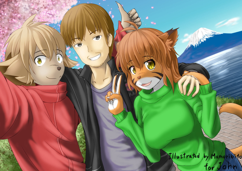 animal_ears anthro basitin big_ears breasts claws felid female flora_(twokinds) green_eyes group human keidran keith_keiser male mammal mamoribito pantherine smile tail tiger trio twokinds webcomic