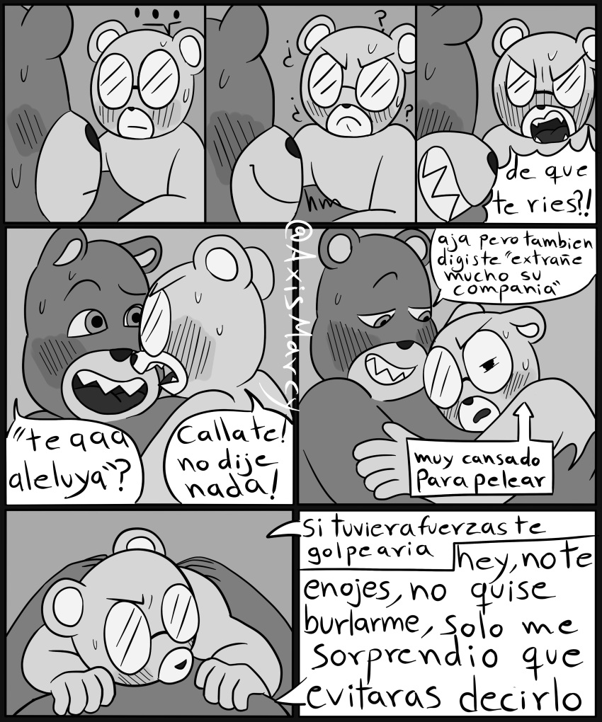 2023 absurd_res anthro axismarcy bear biped blush comic dialogue duo embrace eyewear glasses hi_res hug mammal padre_(unicorn_wars) sargento_caricias spanish_text text unicorn_wars