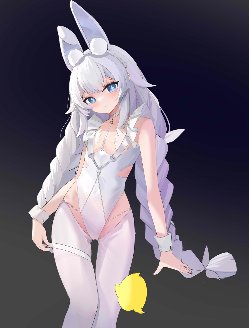 +_+ 1girl absurdres animal_ears azur_lane black_background blue_eyes blush braid breasts chinese_commentary choker commentary_request contrapposto cowboy_shot fake_animal_ears gradient_background grey_hair head_tilt highres le_malin_(azur_lane) le_malin_(listless_lapin)_(azur_lane) leotard long_hair looking_at_viewer low_twin_braids manjuu_(azur_lane) nontraditional_playboy_bunny npp_(artist) pantyhose rabbit_ears small_breasts solo standing thigh_gap thigh_strap twin_braids very_long_hair white_choker white_leotard white_pantyhose wrist_cuffs