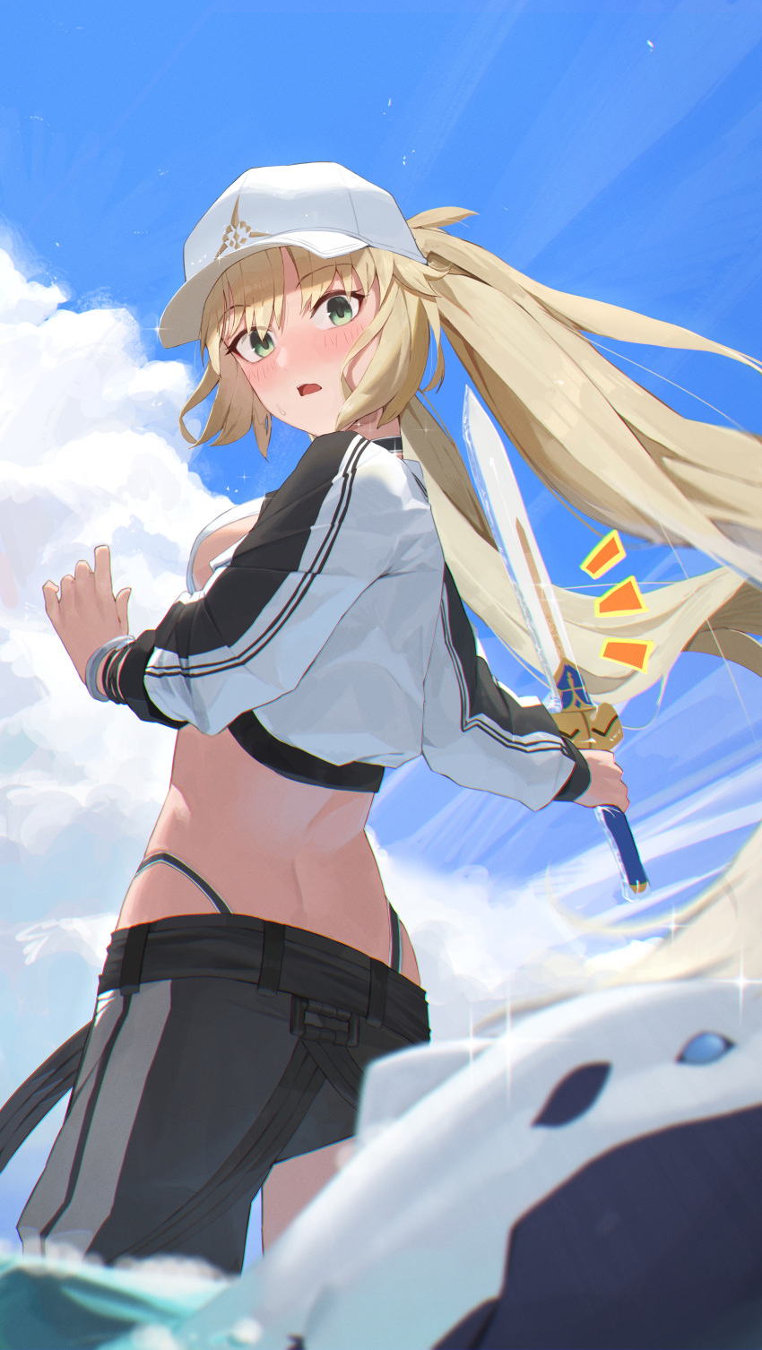 1girl absurdres artoria_caster_(fate) artoria_caster_(swimsuit)_(fate) artoria_pendragon_(fate) blonde_hair blush excalibur_(fate/stay_night) fate/grand_order fate_(series) green_eyes hai_chao_li hat highres long_hair looking_back open_mouth sky solo white_headwear