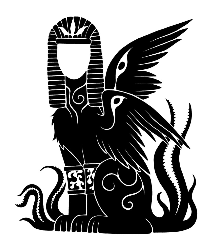 2015 3_mouths 3_toes ambiguous_gender armlet black_and_white chest_tuft cthulhu_mythos deity digital_drawing_(artwork) digital_media_(artwork) faceless feathered_wings feathers feet felid feral flame_pattern h.p._lovecraft hi_res leg_markings mammal markings monochrome multi_mouth mythological_sphinx mythology neck_markings nemes_(clothing) nyarlathotep_(h.p._lovecraft) outer_god_(h.p._lovecraft) paws quadruped restricted_palette silhouette simple_background sitting solo sunnyclockwork tentacle_mouth tentacles toes tuft uraeus white_background wing_eyes wings