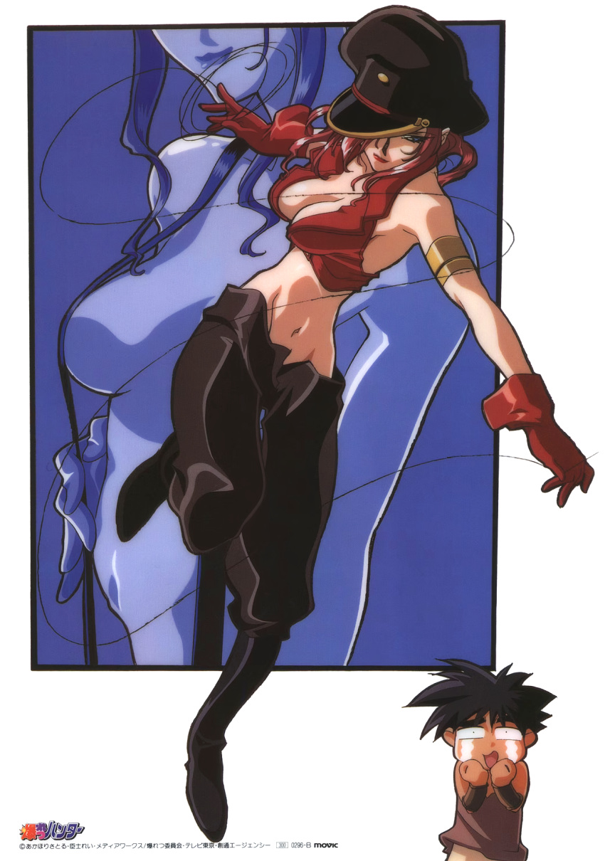 1990s_(style) 1boy 1girl armlet bakuretsu_hunters black_eyes black_footwear black_hair blue_eyes boots breasts chocolate_misu cleavage constricted_pupils copyright cropped_jacket crying gloves gotou_keiji hat highres lipstick logo long_hair makeup medium_breasts naked_suspenders navel non-web_source official_art open_mouth peaked_cap red_gloves red_hair red_lips retro_artstyle sleeveless sleeveless_jacket solo_focus streaming_tears suspenders tears wire