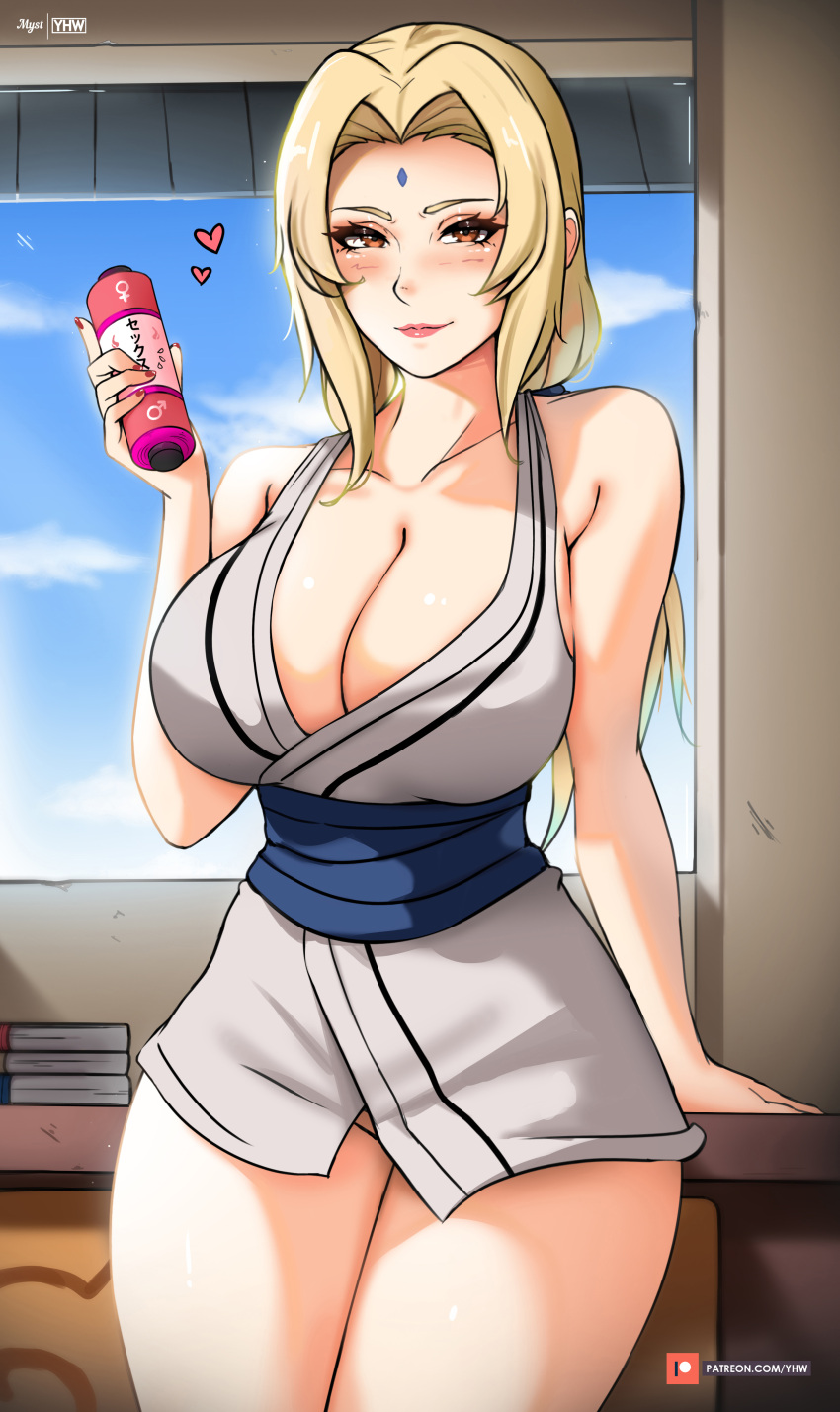 1girl absurdres bare_shoulders blonde_hair blush book bottomless breasts brown_eyes cleavage closed_mouth collarbone cowboy_shot desk facial_mark forehead_mark hair_intakes highres holding holding_scroll japanese_clothes large_breasts lips mystyhw naruto naruto_(series) obi sash scroll shirt solo thighs tsunade_(naruto) white_shirt window