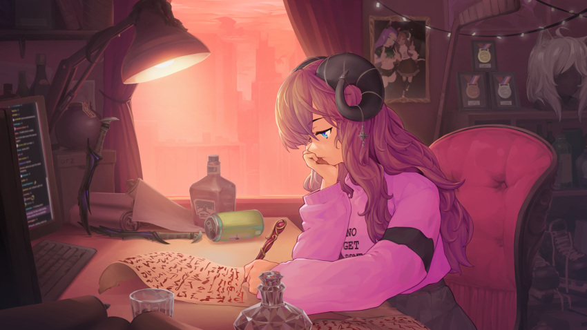1girl anachronism armchair black_horns blue_eyes brown_hair can chair cityscape clothes_writing commission cropped_sweater curled_horns demon_girl dusk fantasy glass head_rest highres horn_ornament horns karynn_(vrchat) keyboard_(computer) knife left-handed lofi_girl_(youtube) long_hair monitor nib_pen_(object) orz_(orz57) parody pen pink_sweater planted planted_knife scroll sitting soda_can solo sweater virtual_youtuber vrchat writing