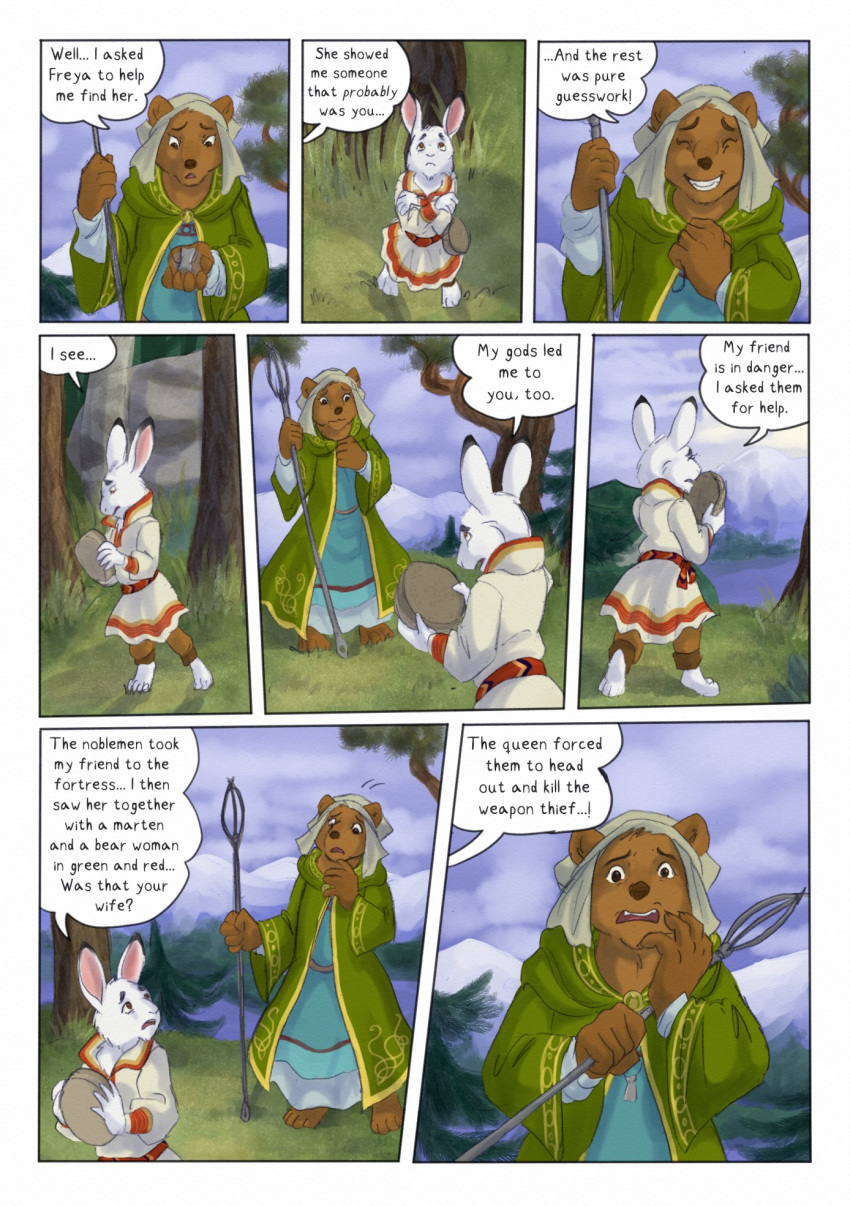 2021 anthro bear biped bjekkergauken brown_bear brown_body brown_fur clothed clothing colored comic day dialogue dialogue_box duo female fur grass green_clothing hare hi_res holding_object lagomorph leporid male mammal mountain_hare nanna_(bjekkergauken) outside plant rock size_difference speech_bubble tree ursine vide_(bjekkergauken) white_body white_fur