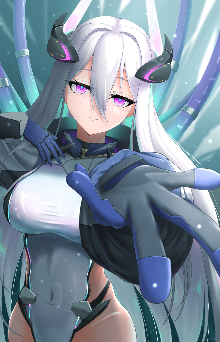 1girl absurdres aqua_pupils azur_lane black_gloves black_jacket blue_gloves breasts closed_mouth commentary_request covered_navel cowboy_shot gloves hair_between_eyes hand_on_own_chest headgear highleg highleg_leotard highres horns jacket kearsarge_(azur_lane) large_breasts leotard long_hair long_sleeves looking_at_viewer mechanical_horns multicolored_clothes multicolored_jacket partial_commentary purple_eyes reaching reaching_towards_viewer riore_(0808) shrug_(clothing) sidelocks smile solo standing taut_leotard textless_version two-tone_gloves two-tone_jacket very_long_hair white_hair white_jacket white_leotard