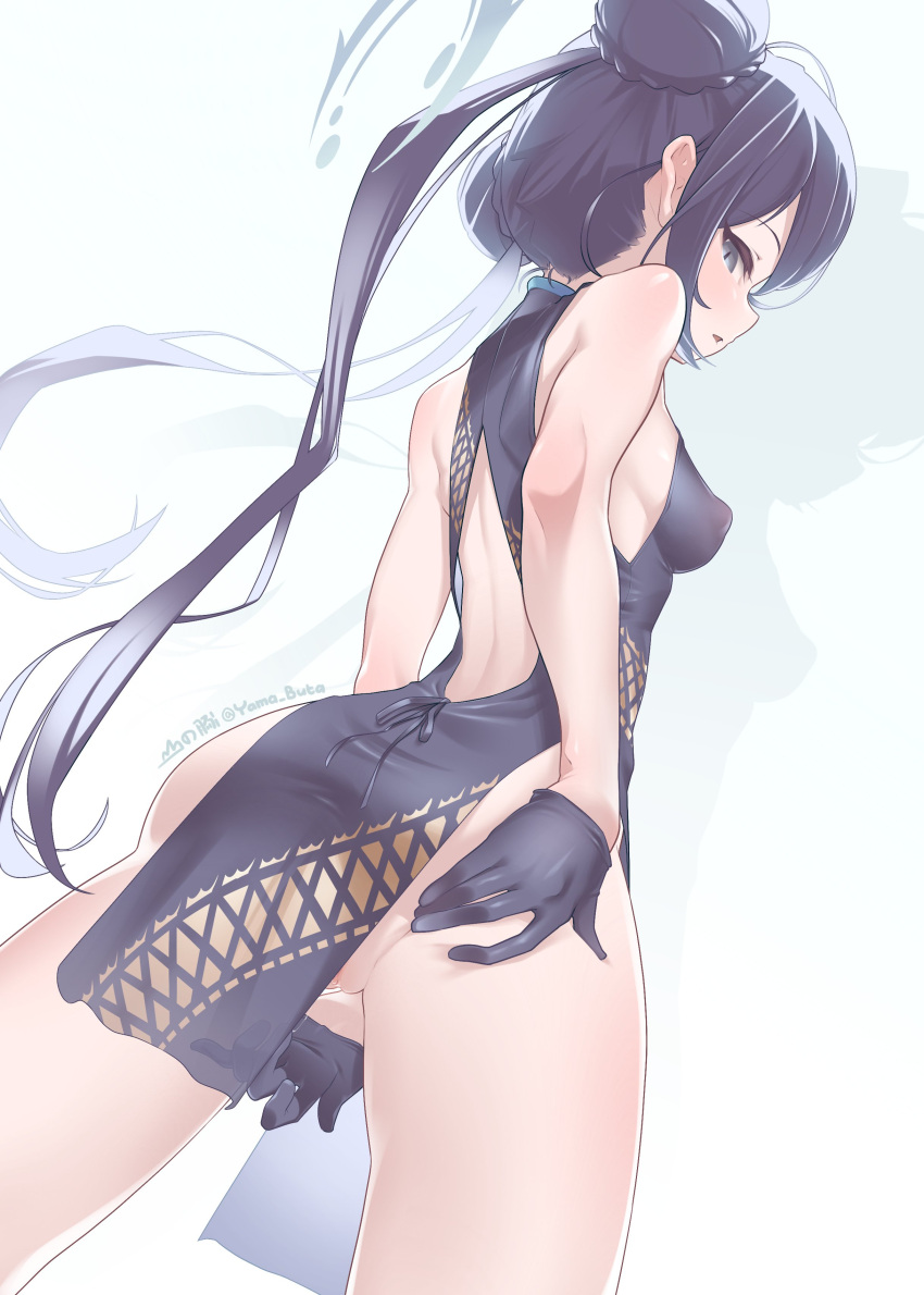 1girl absurdres ass back_cutout bare_shoulders black_dress black_gloves black_hair blue_archive breasts china_dress chinese_clothes clothing_cutout covered_nipples cowboy_shot double_bun dragon_print dress from_behind from_below gloves grey_eyes hair_bun halo highres kisaki_(blue_archive) long_hair looking_back pelvic_curtain pussy pussy_juice pussy_juice_trail pussy_peek sandrewf see-through sleeveless sleeveless_dress solo twintails very_long_hair