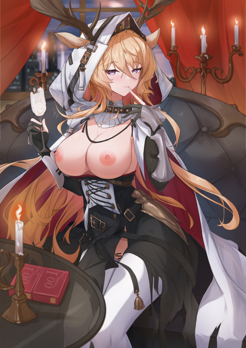 1girl absurdres animal_ears antlers antlers_through_hood arknights bar_censor black_dress blonde_hair blush breasts breasts_out candle cape censored cleavage condom_box couch crotch_cutout cum_in_container cum_in_cup cup deer_antlers deer_ears deer_girl dress ears_through_hood feet_out_of_frame finger_to_mouth fire gauntlets gloves half-closed_eyes highres holding holding_cup hood hood_up hooded_cape index_finger_raised indoors large_breasts long_hair looking_at_viewer night nipples on_couch partially_fingerless_gloves purple_eyes pussy red_curtains sitting sktre12 solo table variant_set very_long_hair viviana_(arknights) white_cape window