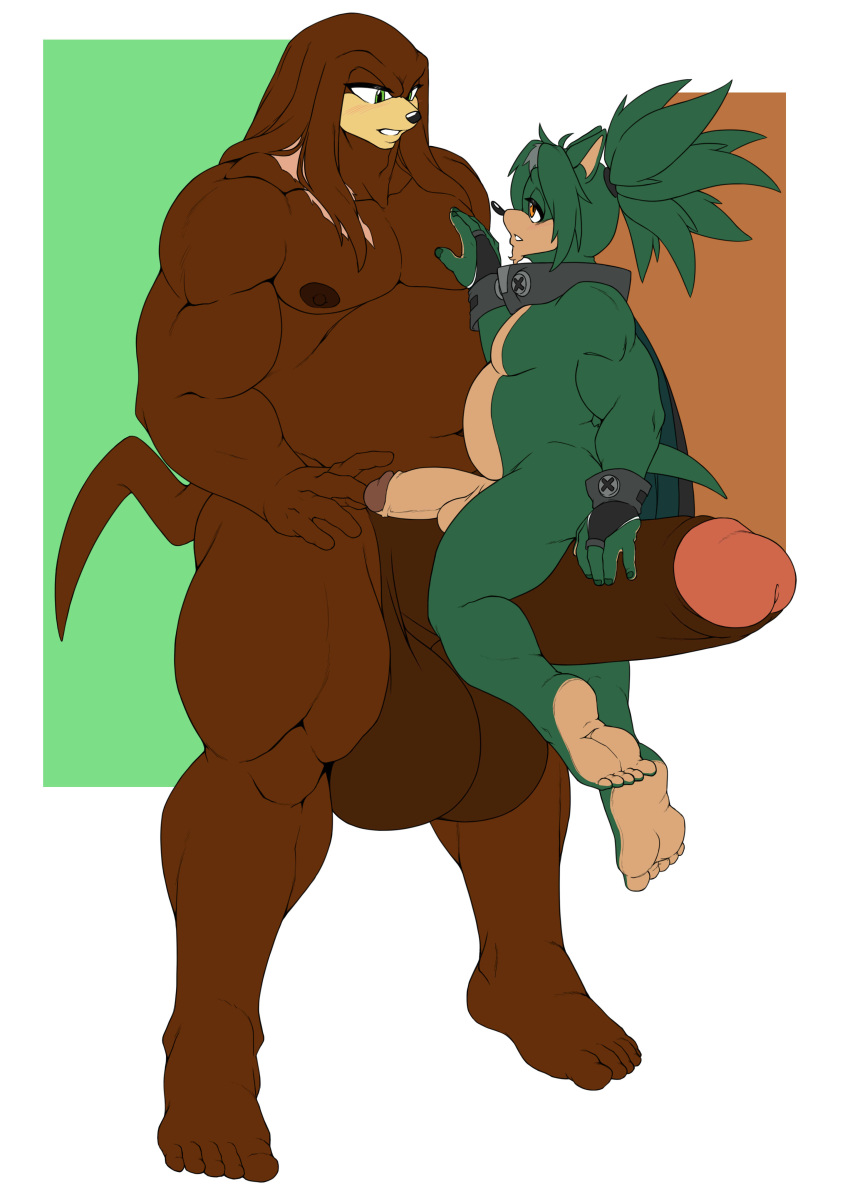 5_toes absurd_res anthro balls big_balls big_penis duo fan_character feet genitals hi_res huge_balls huge_penis humanoid_feet hyper hyper_balls hyper_genitalia hyper_penis male male/male musclegut muscular muscular_male nipples nude overweight overweight_male penis plantigrade sega size_difference soles sonic_the_hedgehog_(series) tailverknk toes