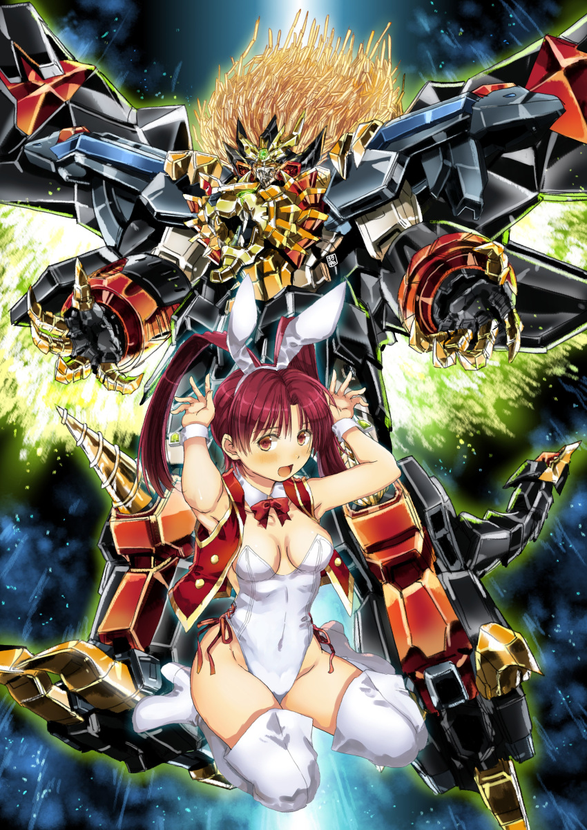1girl absurdres animal_ears antenna_hair armor blush boots bow breasts brown_eyes claws cleavage covered_navel detached_collar fake_animal_ears garimpeiro genesic_gaogaigar high_heel_boots high_heels highres leotard looking_to_the_side mecha medium_breasts necktie open_hands open_mouth playboy_bunny rabbit_pose red_bow red_vest robot smile super_robot thigh_boots utsugi_mikoto vest white_footwear white_leotard yuusha_ou_gaogaigar yuusha_ou_gaogaigar_final yuusha_series