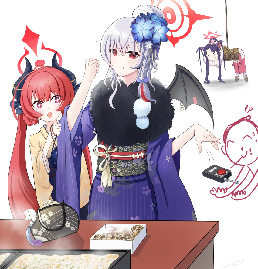 1boy 3girls arona's_sensei_doodle_(blue_archive) bag black_hair blue_archive bound braid controller demon_girl demon_horns demon_wings drooling eating flower food fur_scarf fuuka_(blue_archive) fuuka_(new_year)_(blue_archive) grey_hair hair_bun hair_flower hair_ornament halo handbag hanging haruna_(blue_archive) haruna_(new_year)_(blue_archive) highres holding holding_skewer horns japanese_clothes jetihyeon junko_(blue_archive) junko_(new_year)_(blue_archive) kimono looking_at_another multiple_girls obi obiage official_alternate_costume pointy_ears pouch red_eyes red_hair remote_control rope sash sensei_(blue_archive) single_braid single_hair_bun single_wing skewer table takoyaki throwing tied_up_(nonsexual) white_background wings
