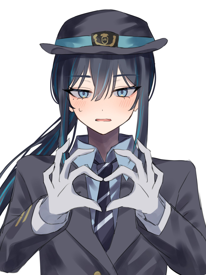 1girl absurdres ado_(singer) black_hair black_headwear black_jacket blue_eyes blue_hair blue_necktie blue_shirt blush collared_shirt commentary_request gloves hair_between_eyes heart heart_hands highres jacket japan_railways long_hair long_sleeves looking_at_viewer mole mole_under_eye multicolored_hair necktie niconico open_clothes ponytail shirt sidelocks simple_background solo streaked_hair striped_necktie sweatdrop train_conductor tsukuno_tsuki uniform upper_body utaite_(singer) white_background white_gloves