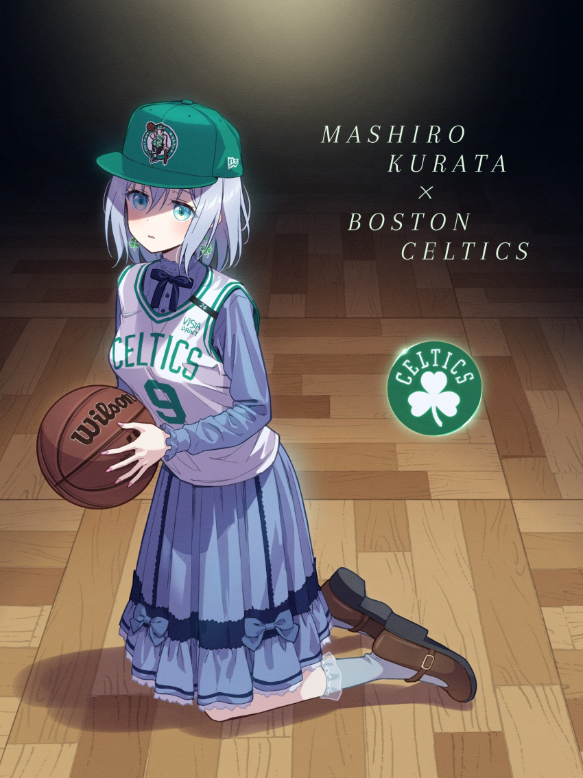 1girl ball bang_dream! baseball_cap basketball_(object) basketball_jersey black_bow blue_bow blue_dress blue_eyes blue_hair blue_socks blush boston_celtics bow brown_footwear collared_dress dress frilled_socks frills green_headwear hat highres holding holding_ball kneeling kurata_mashiro logo looking_at_viewer nail_polish national_basketball_association new_era parted_lips pink_nails shirt shoes short_hair socks solo white_shirt yazawa_happyaro