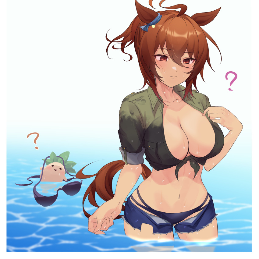 1girl ? absurdres agnes_tachyon_(lunatic_lab)_(umamusume) agnes_tachyon_(umamusume) ahoge animal_ears bikini bikini_top_removed black_bikini blue_shorts breast_pocket breasts brown_eyes brown_hair cleavage collarbone commentary cowboy_shot ear_ornament floating green_jacket hair_between_eyes highres horse_ears horse_girl horse_tail jacket kii-kun_(agnes_tachyon)_(umamusume) mandrake micro_shorts midriff navel no_gloves official_alternate_costume official_alternate_hairstyle open_clothes open_shorts pocket short_hair short_ponytail shorts summer's_sunlight_fades_to_blue_(umamusume) swimsuit symbol-only_commentary tail tied_jacket triangle_mouth umamusume wading wardrobe_malfunction wet wet_clothes yomesuket