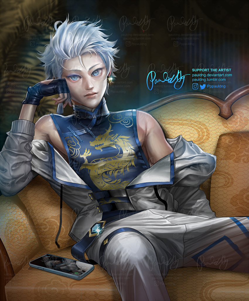 1boy aged_up artist_name bare_shoulders bishounen blue_eyes blue_hair blurry blurry_background chinese_clothes chongyun_(genshin_impact) closed_mouth commentary couch english_commentary fingerless_gloves genshin_impact gloves hand_on_own_face highres light_blue_hair long_sleeves looking_at_viewer male_focus on_couch pillow pppauldng shirt short_hair signature tight tight_shirt toned toned_male