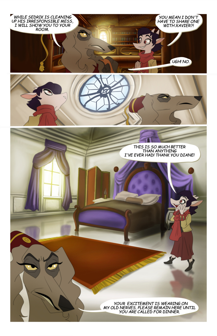 2021 absurd_res alexvanarsdale amorian anthro bed biped black_hair bovid brown_body brown_tail canid canine caprine clothed clothing colored comic detailed_background dialogue dialogue_box diane_(alexvanarsdale) duo english_text female feral furniture goat hair hi_res horn inside kypper_(alexvanarsdale) legends_of_amora mammal quadruped speech_bubble tail text white_body yellow_sclera