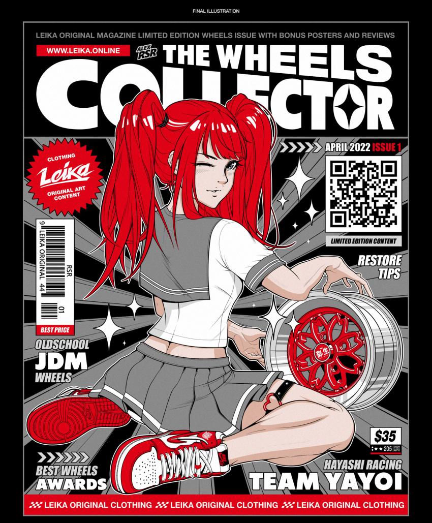 1girl 2022 air_jordan air_jordan_1 alex_rsr barcode cover fake_magazine_cover from_behind grey_skirt hair_behind_ear heart_o-ring highres holding long_hair looking_at_viewer looking_back magazine_cover nike o-ring o-ring_thigh_strap one_eye_closed original parted_lips pleated_skirt qr_code red_hair sailor_collar shirt shoes sitting skirt sneakers solo sparkle thigh_strap twintails wariza wheel white_shirt
