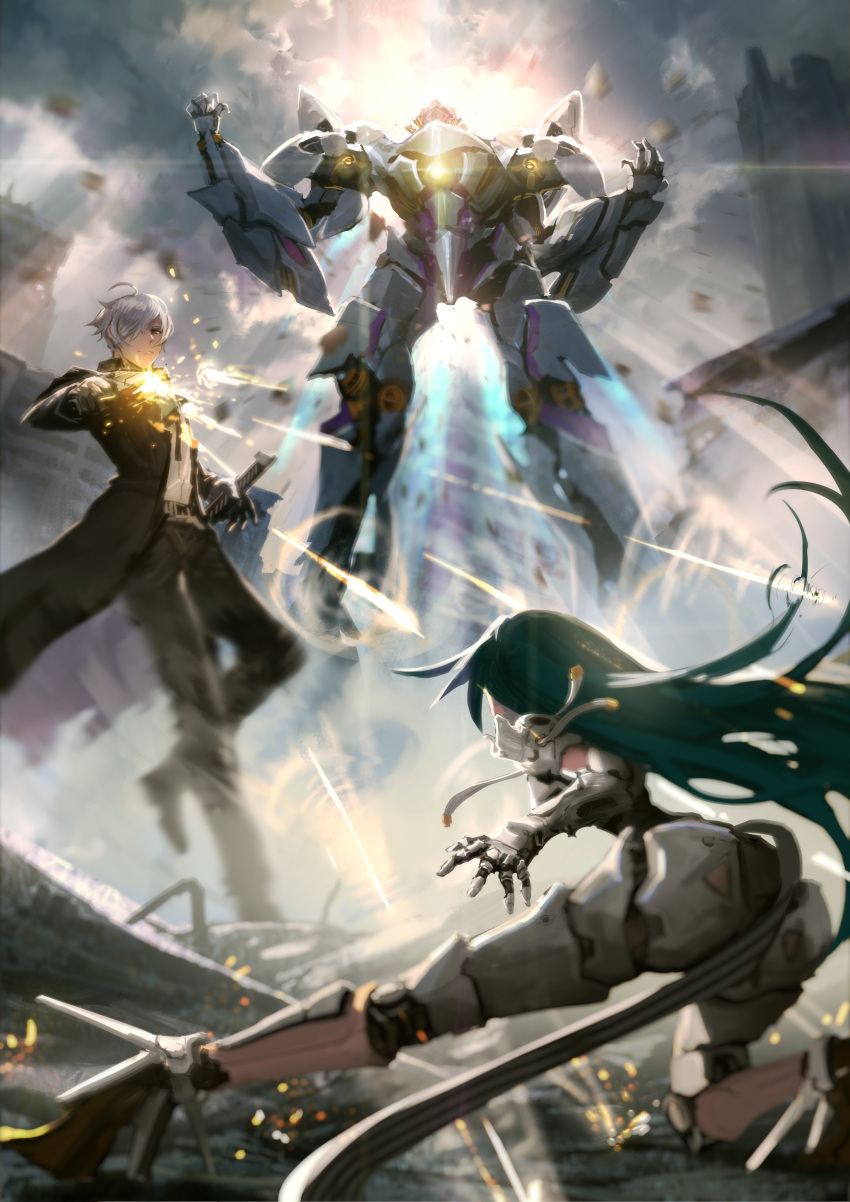 1boy 1girl absurdres artist_request battle becas_shannam_(iron_saga) building city cloud cyborg fighting firing green_hair gun highres holding holding_gun holding_sword holding_weapon iron_saga kannazuki_(iron_saga) katana long_hair mecha mechanical_arms mechanical_legs outdoors robot robot_girl sword vassago_(iron_saga) weapon white_hair