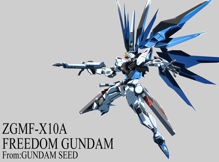 aiming beam_rifle character_name commentary copyright_name energy_gun freedom_gundam grey_background gun gundam gundam_seed highres holding holding_gun holding_weapon looking_ahead mecha mechanical_wings mobile_suit no_humans open_hand outstretched_arms robot simple_background solo v-fin weapon wings yellow_eyes yuu_(s_graphics_tri)