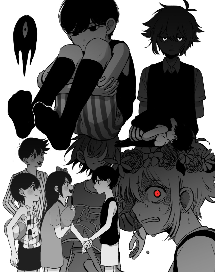 1girl 6+boys aubrey_(omori) basil_(omori) bow flower greyscale hair_bow head_wreath hero_(omori) highres k_toast kel_(omori) long_hair looking_at_viewer monochrome multiple_boys omori omori_(omori) open_mouth red_eyes short_hair smile socks something_(omori) stranger_(omori) teeth upper_teeth_only