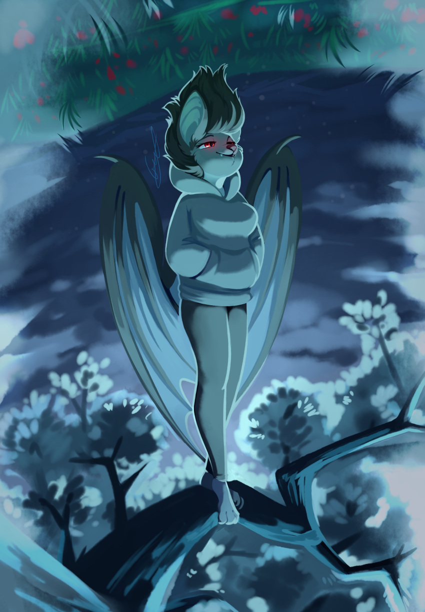 absurd_res anthro bat bottomless bottomwear clothed clothing demon female grass hanging_from_branch hi_res hoodie hoodie_only mammal pants paws peachmayflower plant red_eyes senka_stargazer solo topwear topwear_only tree wings
