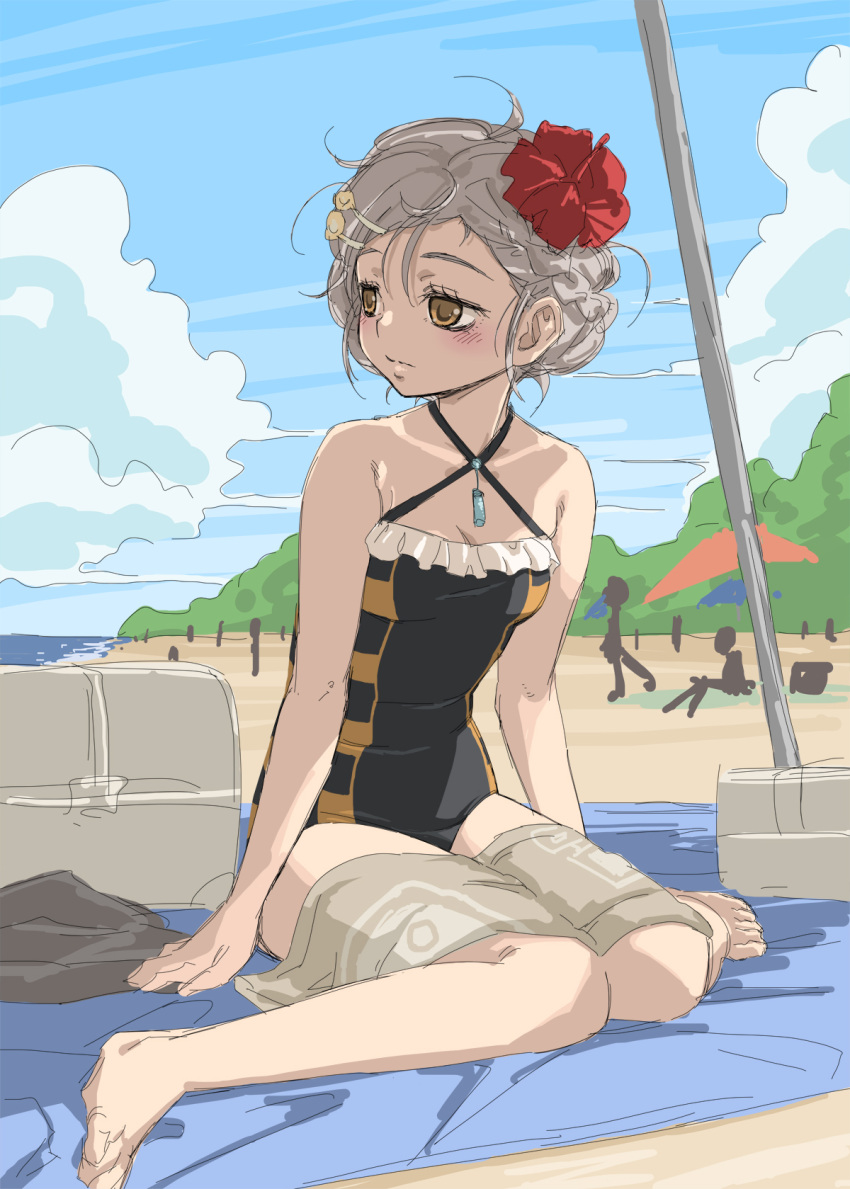 1girl alternate_costume alternate_hairstyle arms_at_sides beach beach_towel beach_umbrella black_one-piece_swimsuit blush braid closed_mouth criss-cross_halter flower frilled_one-piece_swimsuit frills grey_hair hair_flower hair_ornament hairclip halterneck highres jewelry looking_to_the_side magia_record:_mahou_shoujo_madoka_magica_gaiden mahou_shoujo_madoka_magica miwa_mitsune one-piece_swimsuit orange_eyes outdoors pendant people plant red_flower sand short_hair side_braid sitting solo_focus swimsuit towel towel_on_legs umbrella you2