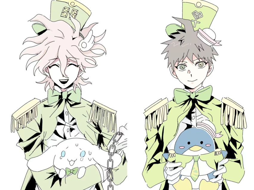 2boys :d ahoge animal bird bow bowtie chain closed_eyes danganronpa_(series) danganronpa_2:_goodbye_despair dress_shirt facing_viewer fake_head_wings green_bow green_bowtie green_headwear green_jacket green_necktie grey_hair highres hinata_hajime holding holding_animal jacket komaeda_nagito komahina5591 long_sleeves male_focus multiple_boys necktie penguin shirt smile sweat tilted_headwear upper_body white_headwear white_shirt yellow_bow yellow_bowtie yellow_headwear yellow_jacket