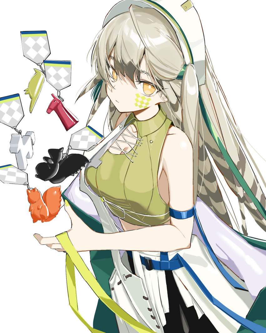 1girl arknights bare_shoulders breasts cleavage closed_mouth collared_shirt commentary_request cowboy_shot crop_top cross-laced_clothes cross-laced_top expressionless facial_mark fartooth_(arknights) fartooth_(hear_the_wind_sing)_(arknights) green_nails green_shirt grey_hair hair_between_eyes hat highres long_hair looking_at_viewer low-cut_armhole official_alternate_costume orange_eyes shirt signal_1120 simple_background solo white_background white_headwear