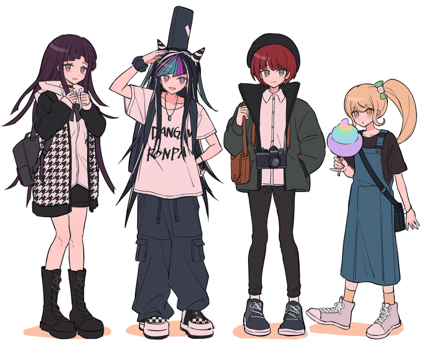 4girls :d alternate_costume alternate_hairstyle arm_up backpack bag black_bag black_choker black_footwear black_hair black_headwear black_pants black_scrunchie black_shirt blonde_hair blue_hair bow camera cat_hair_ornament choker clothes_writing collarbone copyright_name danganronpa_(series) danganronpa_2:_goodbye_despair dress_shirt full_body green_bow hair_bow hair_horns hair_ornament highres jacket koizumi_mahiru long_hair mioda_ibuki multicolored_hair multiple_girls open_clothes open_jacket orange_eyes pants pink_eyes pink_footwear pink_hair red_hair saionji_hiyoko scrunchie shirt short_hair short_sleeves side_ponytail simple_background smile tsumiki_mikan white_background white_hair white_shirt wrist_scrunchie xiao_(grsnss25)