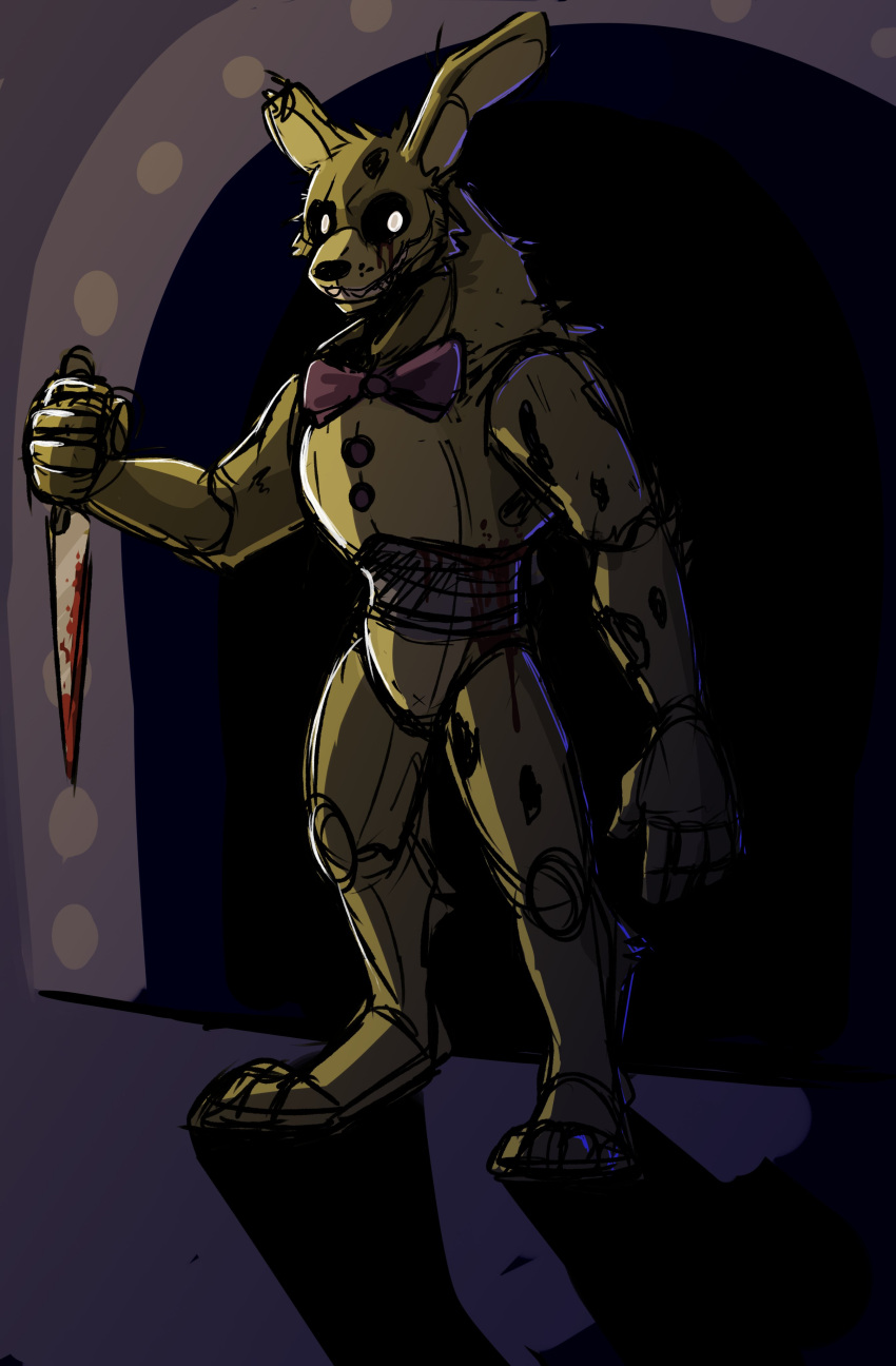 absurd_res animatronic anthro blood blood_on_knife bodily_fluids bow_tie cheek_tuft facial_tuft featureless_crotch five_nights_at_freddy's five_nights_at_freddy's_3 fur grin hi_res holding_knife holding_object imperatorcaesar knife lagomorph leporid long_ears looking_at_viewer machine male mammal notched_ear nude rabbit robot scottgames shadow smile solo springtrap_(fnaf) standing tuft yellow_body yellow_fur