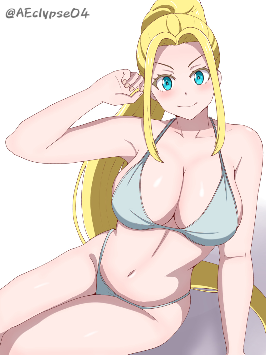 1girl arm_support arm_up beatrix_amerhauser bikini blonde_hair blue_eyes breasts cleavage closed_mouth collarbone eclyart grey_bikini high_ponytail highres large_breasts long_hair navel sitting smile solo swimsuit twitter_username v-shaped_eyebrows very_long_hair white_background zom_100:_zombie_ni_naru_made_ni_shitai_100_no_koto