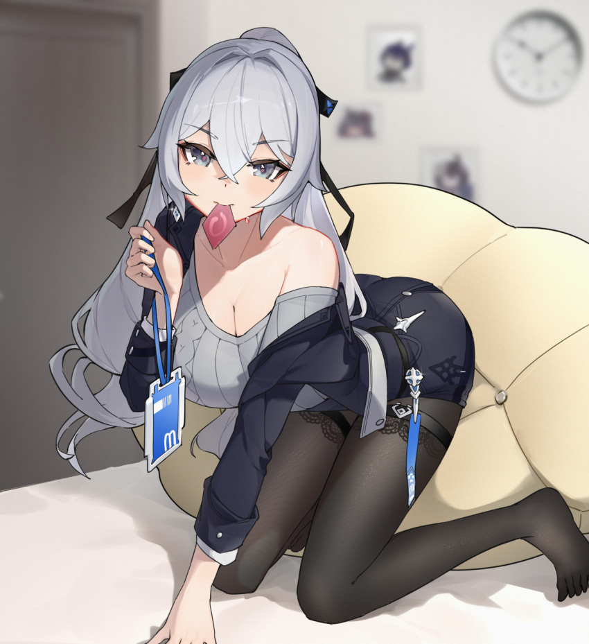 1girl analog_clock black_jacket black_pantyhose black_ribbon black_shorts blurry blurry_background breasts bronya_zaychik bronya_zaychik_(silverwing:_n-ex) cleavage clock condom condom_in_mouth condom_wrapper door green_eyes grey_hair grey_sweater hair_ribbon highres honkai_(series) honkai_impact_3rd id_card indoors jacket large_breasts long_hair mouth_hold pantyhose ponytail ribbon shorts solo sweater toes wall_clock yukari_(user_tsrs4747)