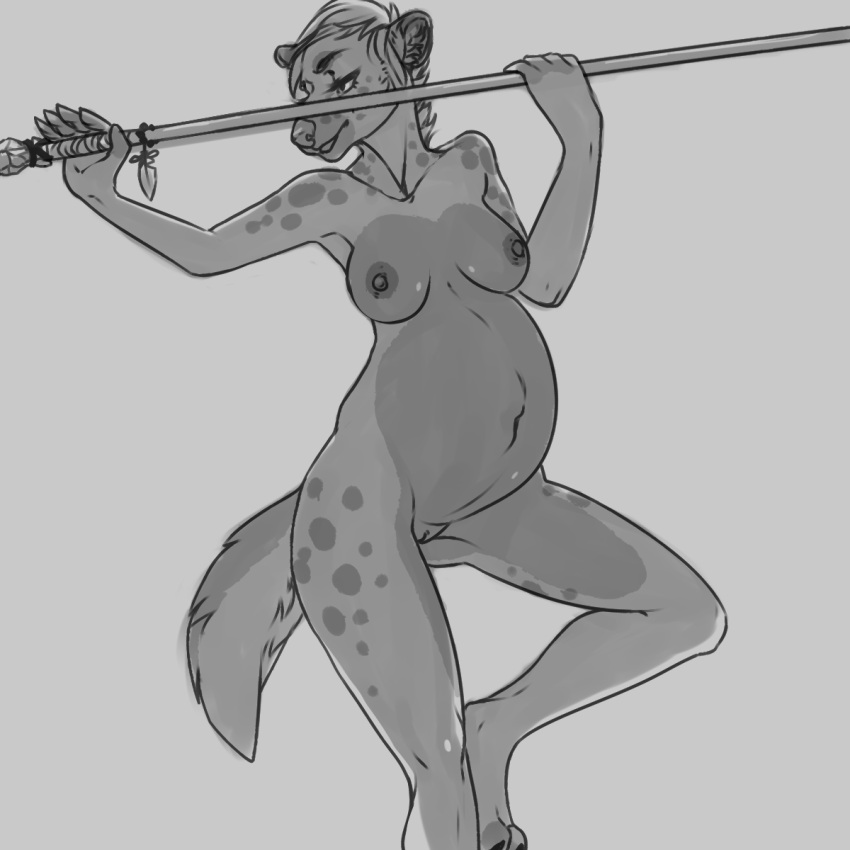 5_fingers anthro breasts dansharkman deckland female fingers genitals hi_res holding_object holding_spear holding_weapon hyena mammal melee_weapon nipples nude nude_female pendant polearm pregnant pregnant_female pussy raised_leg solo spear spots weapon