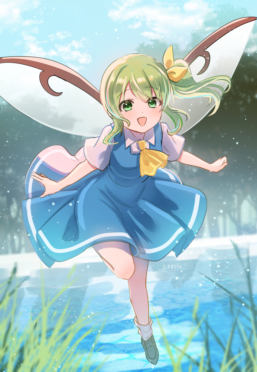 1girl absurdres ascot black_footwear blue_skirt blue_vest collared_shirt daiyousei ekisutora fairy fairy_wings full_body green_eyes green_hair highres long_hair looking_at_viewer one-hour_drawing_challenge open_mouth shirt shoes short_sleeves side_ponytail skirt smile socks solo touhou vest white_shirt white_socks wings yellow_ascot