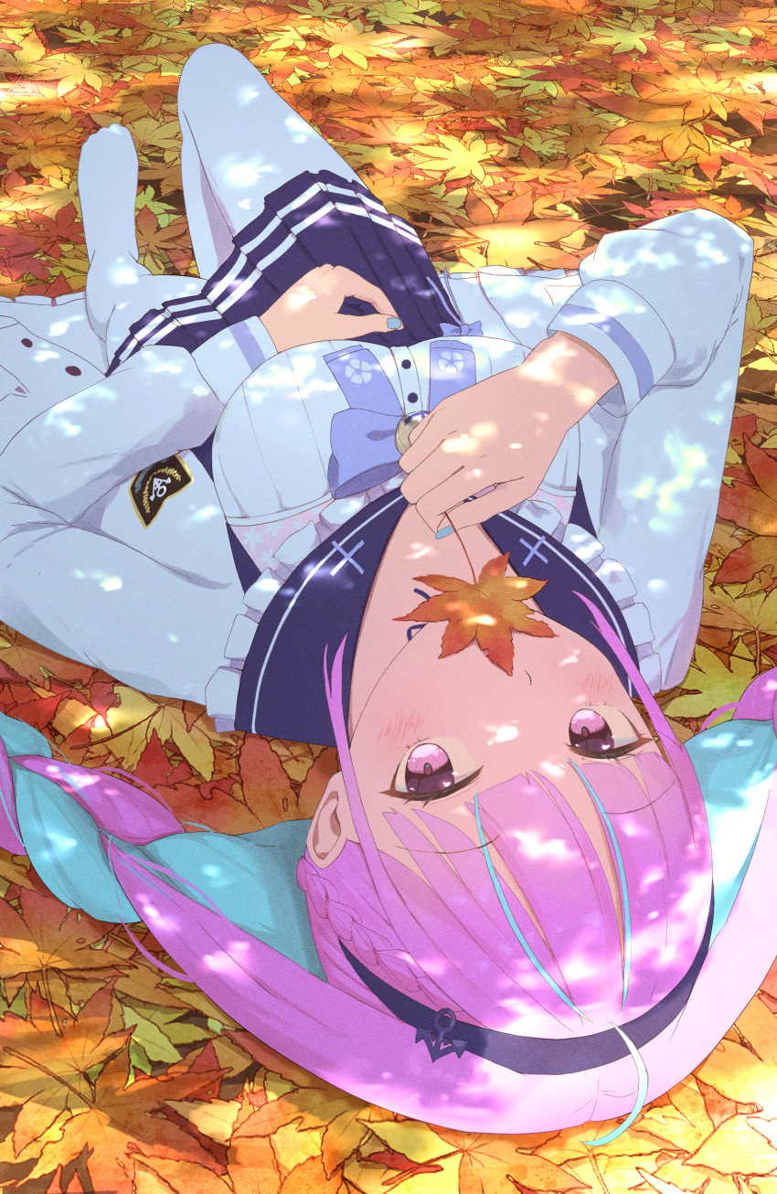 1girl absurdres ahoge autumn_leaves blue_hair blue_headband blue_nails blue_sailor_collar blue_skirt breasts cleavage colored_inner_hair frilled_sailor_collar frills headband highres holding holding_leaf hololive large_breasts leaf long_hair long_sleeves looking_at_viewer minato_aqua minato_aqua_(5th_costume) multicolored_hair nail_polish nakop98 official_alternate_costume panties pink_hair purple_eyes sailor_collar shirt skirt solo twintails two-tone_hair underwear virtual_youtuber white_panties white_shirt