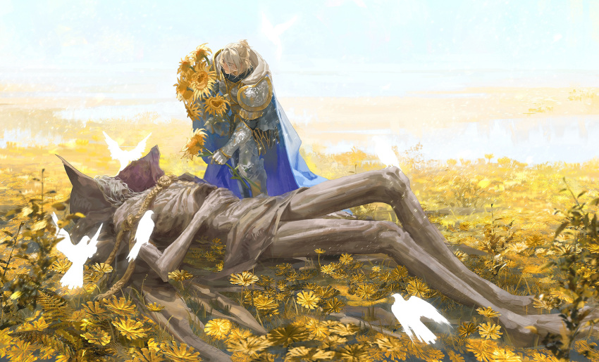 2boys armor bird blonde_hair blue_cape blue_sky braid breastplate cape chinese_commentary closed_eyes commentary_request corpse day death elden_ring field flower flower_field full_body gauntlets giving glowing_bird greaves hair_bun half_updo hand_on_own_stomach highres holding holding_flower lucianalin lying male_focus margit_the_fell_omen morgott_the_omen_king multiple_boys on_back outdoors pauldrons rope short_hair shoulder_armor single_braid single_hair_bun sky standing sunflower tarnished_(elden_ring) white_bird yellow_flower