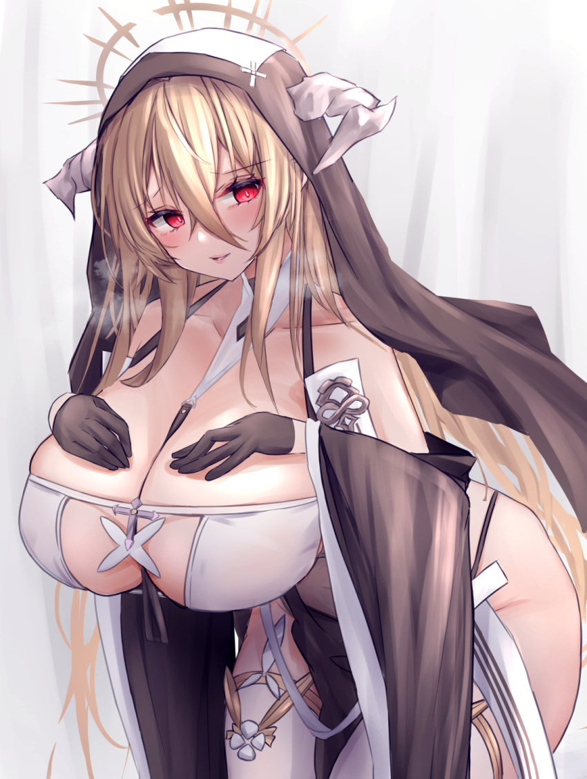 1girl azur_lane black_gloves blonde_hair breast_cutout breast_suppress breasts covered_navel detached_sleeves gloves habit half_gloves halterneck heavy_breathing highleg highleg_panties highres horns huge_breasts implacable_(azur_lane) leaning_forward long_bangs long_hair panties solo thighhighs underwear very_long_hair white_thighhighs yuuki_shuri