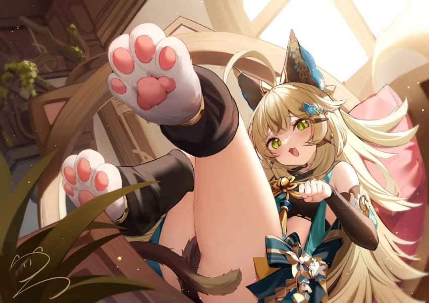 1girl :d ahoge animal_ears bare_shoulders blonde_hair cat_ears cat_tail commentary_request detached_sleeves genshin_impact green_eyes highres indoors kirara_(genshin_impact) leg_warmers legs_up long_hair long_sleeves looking_at_viewer nahaki open_mouth smile solo tail tail_censor thighs very_long_hair