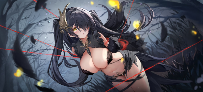 1girl arms_behind_back bare_tree bikini black_bikini black_hair blush bound bound_arms breasts cannian_dada character_request cleavage detached_sleeves dutch_angle eyes_visible_through_hair feather_trim fireflies grass hair_ornament hair_over_one_eye highres large_breasts long_hair long_sleeves looking_at_viewer navel one_side_up outdoors parted_lips red:_pride_of_eden solo swimsuit thigh_gap tree very_long_hair yellow_eyes