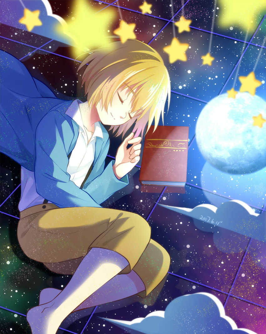 1boy aged_down armin_arlert barefoot blonde_hair book closed_eyes feet_out_of_frame hair_between_eyes highres light_smile long_sleeves male_child male_focus moxue_qianxi shingeki_no_kyojin sleeping solo star_(symbol) suspenders