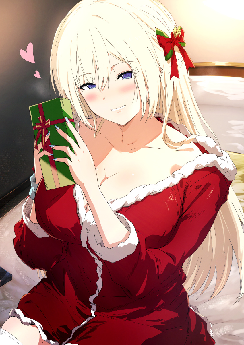 1girl absurdres blonde_hair blue_eyes blue_nails blush bow box breasts christmas cleavage collarbone dress fur-trimmed_dress fur_trim gift gift_box green_bow hair_between_eyes hair_bow heart highres holding holding_gift large_breasts long_hair misaki_nonaka multicolored_bow on_bed original pillow red_bow red_dress sitting solo thighhighs white_thighhighs