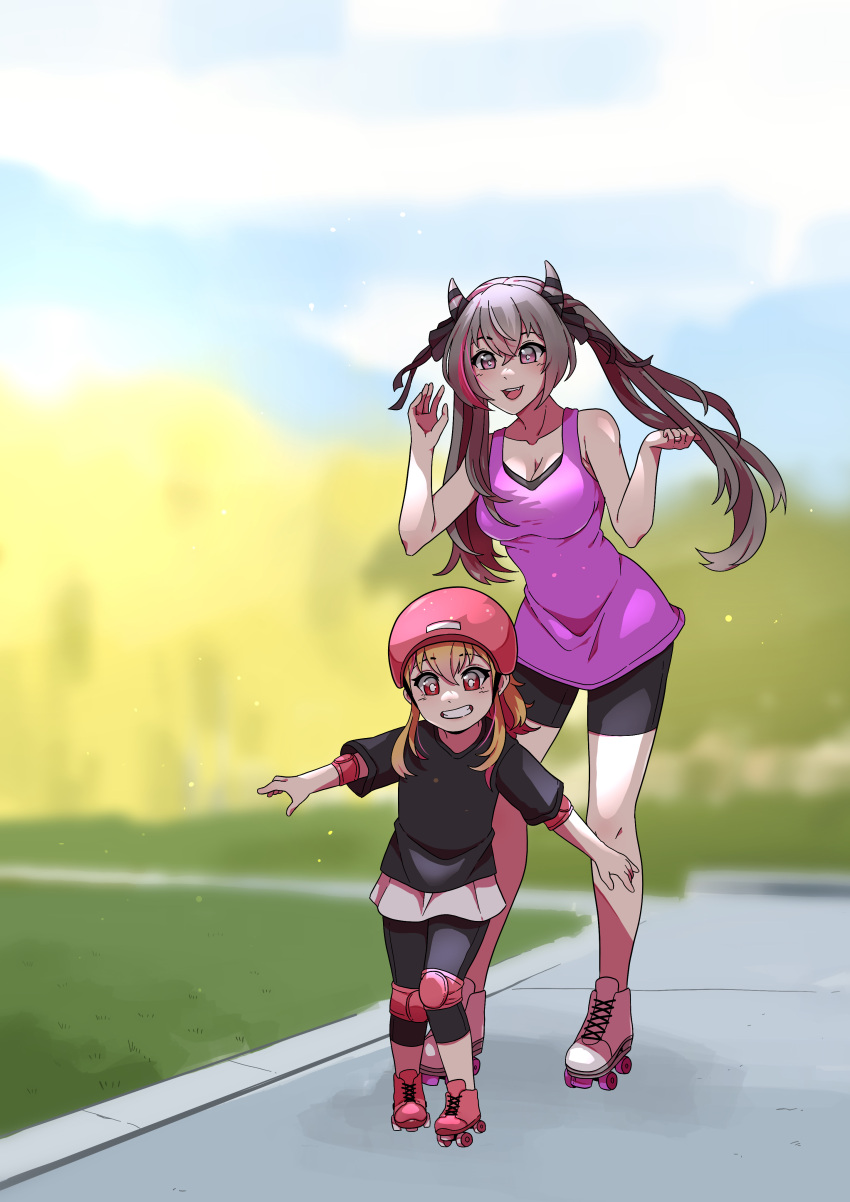 2girls absurdres azur_lane black_shirt black_shorts blonde_hair canned_sardines commission fake_horns grey_eyes grey_hair hair_between_eyes highres horns jewelry long_hair mother_and_daughter multicolored_hair multiple_girls open_mouth purple_eyes purple_hair purple_shirt red_eyes ring roller_skates san_francisco_(azur_lane) shirt short_sleeves shorts skates sleeveless sleeveless_shirt smile streaked_hair teeth twintails upper_teeth_only wedding_ring