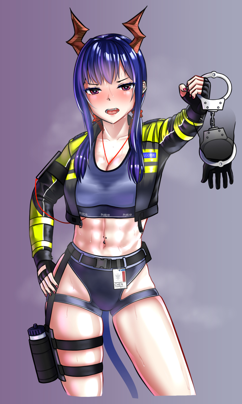 1girl 1other abs absurdres arknights blue_hair blush bottle ch'en_(arknights) crop_top cuffs disembodied_limb earbuds earphones fingerless_gloves fingernails gloves gradient_background hand_on_own_hip handcuffs heart heart-shaped_pupils highres horns jacket looking_at_viewer navel navel_piercing neso_neso open_mouth outstretched_arm piercing pink_nails police purple_background red_eyes red_horns sidelocks simple_background sports_bra sportswear steam steaming_body stomach sweat sweaty_clothes symbol-shaped_pupils thighs water_bottle